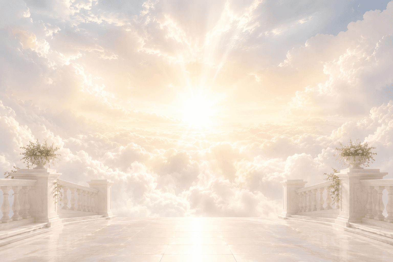 Sunlit clouds above a marble terrace