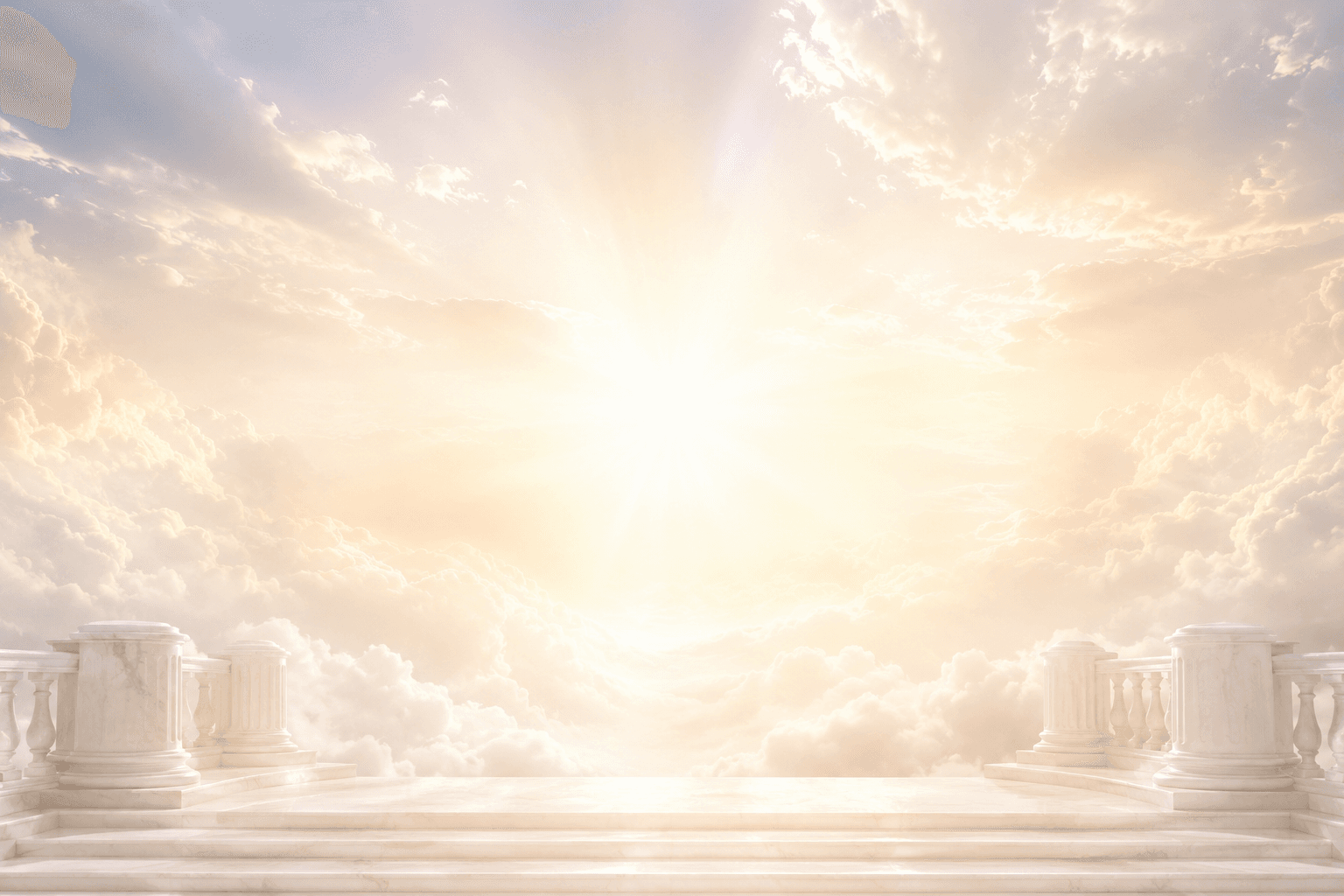 Sunlight breaking through clouds above a marble terrace